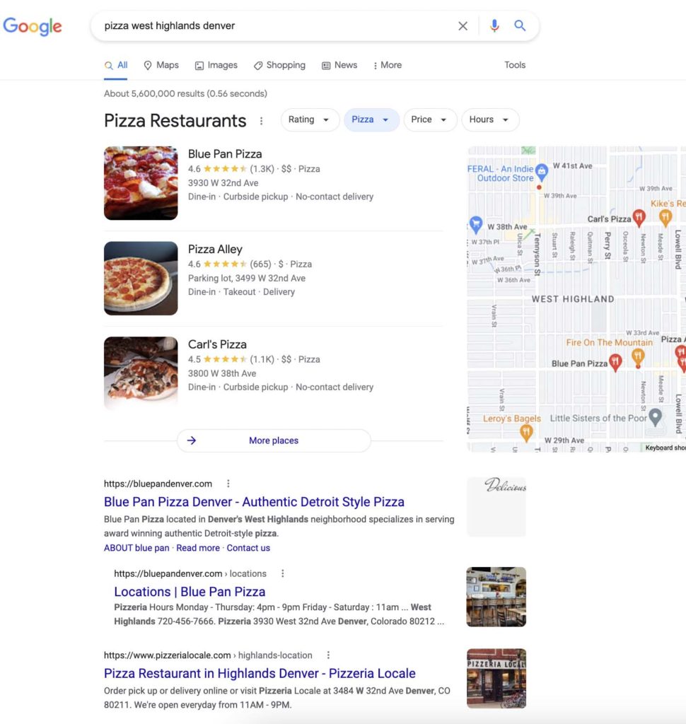 screenshot of local google results