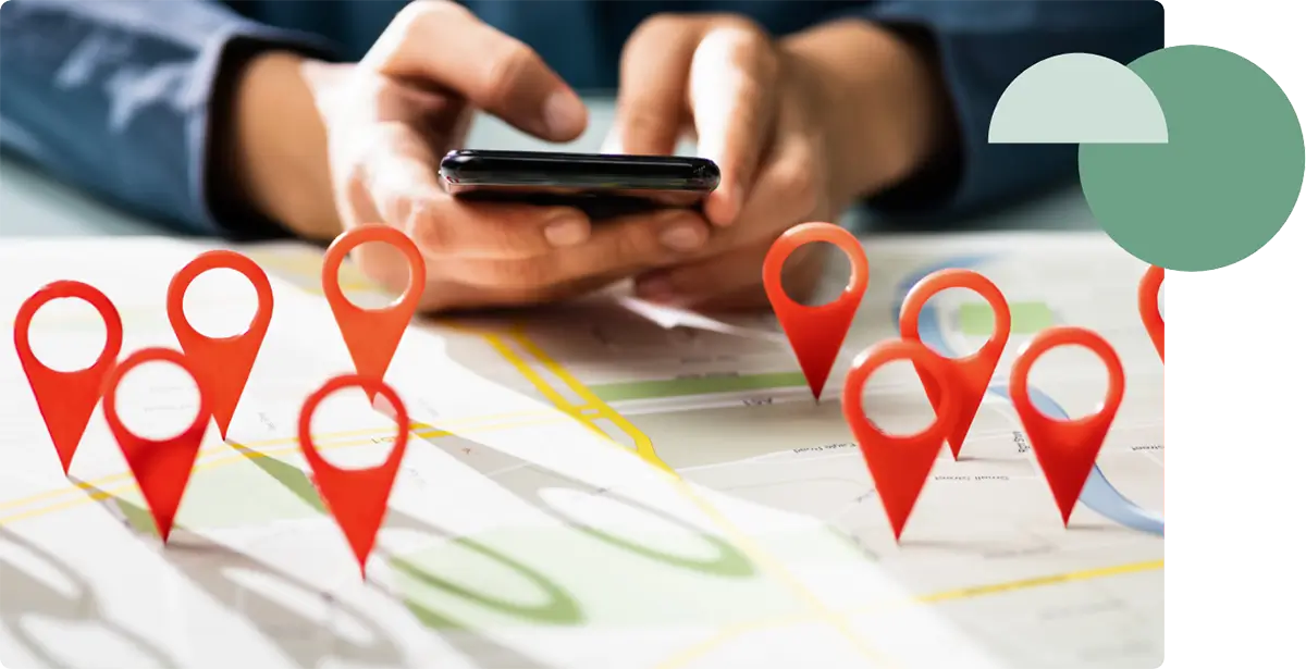 Representation of someone searching map locations on a mobile phone